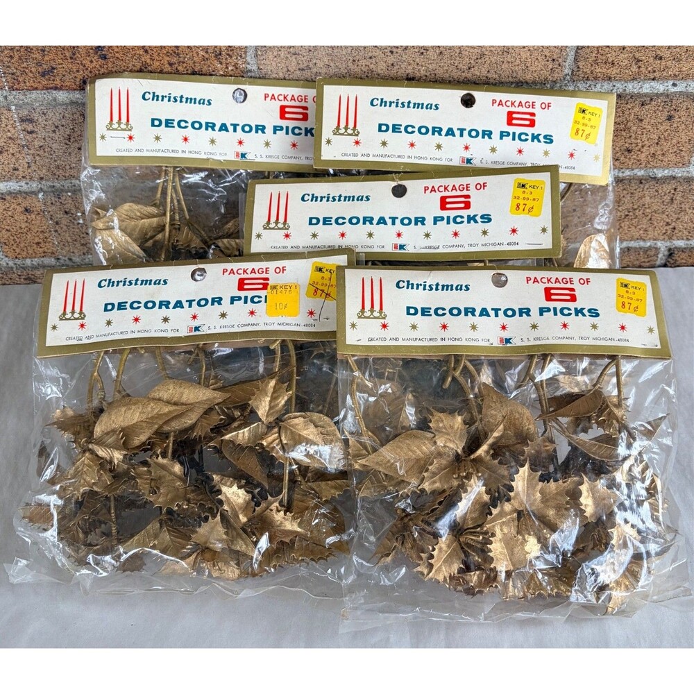 Vtg Plastic Christmas Picks Gold Holly Leaf Floral Craft Package Ties Lot
